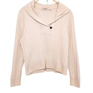Pria Ivory Cream White Cable Ribbed Knit Cowl Collar V-Neck Pullover Sweater